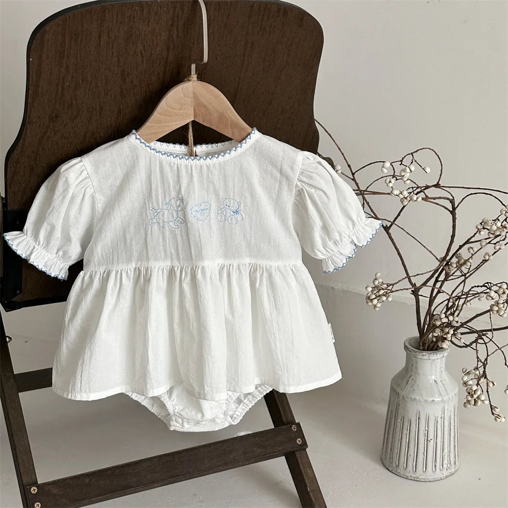 6M-2Y Summer Cotton Infant Outfit Girls Cartoon Pattern Puff Sleeve Tee+White Shorts 2Pcs Clothes Korean Style Baby Set