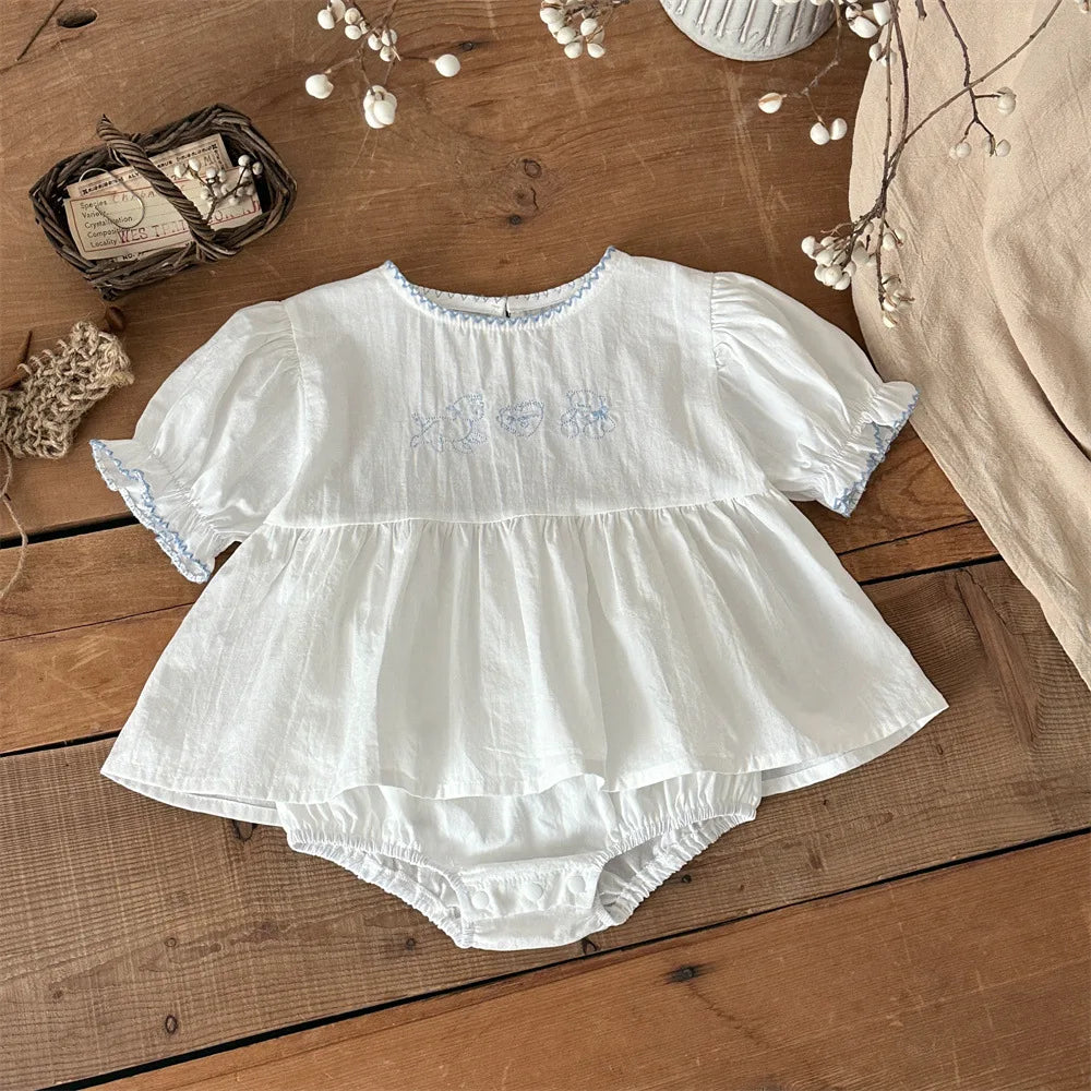 6M-2Y Summer Cotton Infant Outfit Girls Cartoon Pattern Puff Sleeve Tee+White Shorts 2Pcs Clothes Korean Style Baby Set