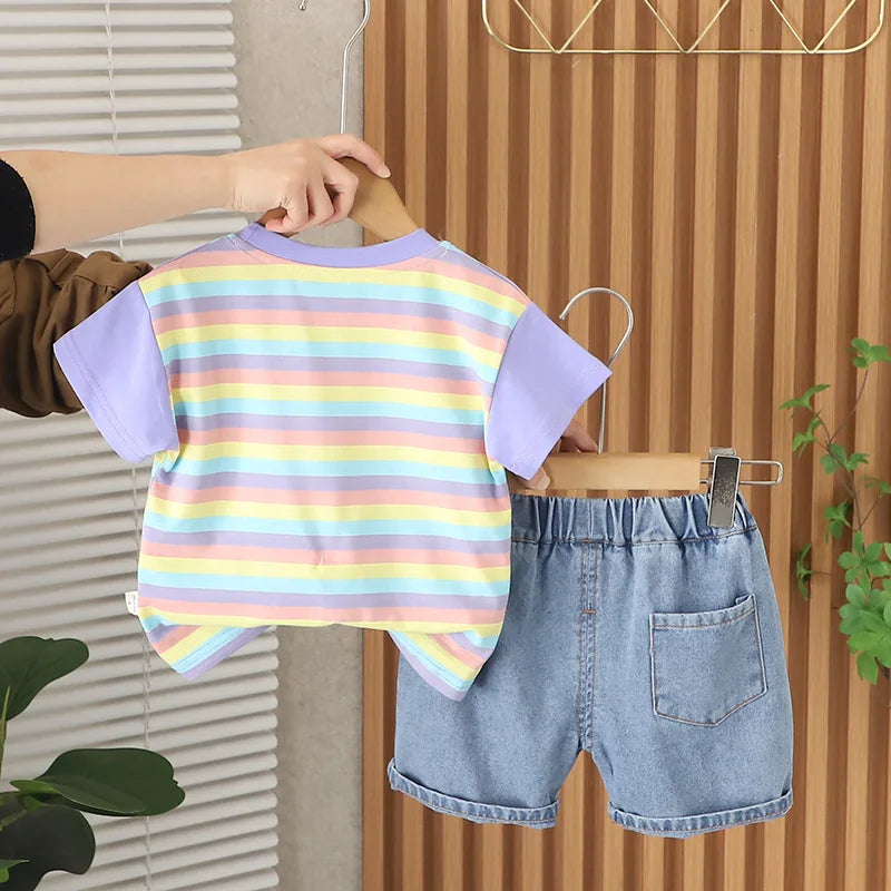 Childrens Summer Suits 2025 Korean Baby Boy Clothes 18 To 24 Months Striped Dog Short Sleeve T-shirts and Shorts Boys Outfit Set