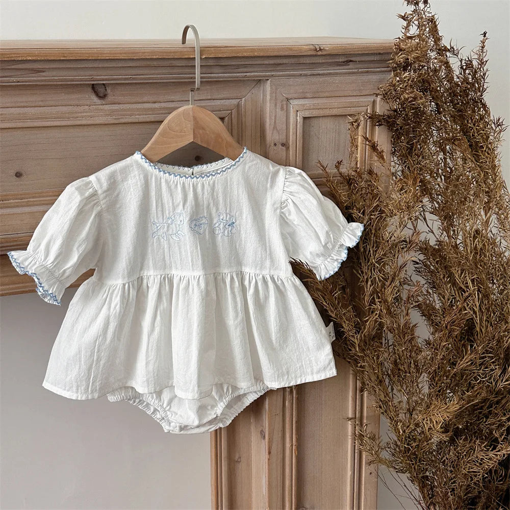 6M-2Y Summer Cotton Infant Outfit Girls Cartoon Pattern Puff Sleeve Tee+White Shorts 2Pcs Clothes Korean Style Baby Set